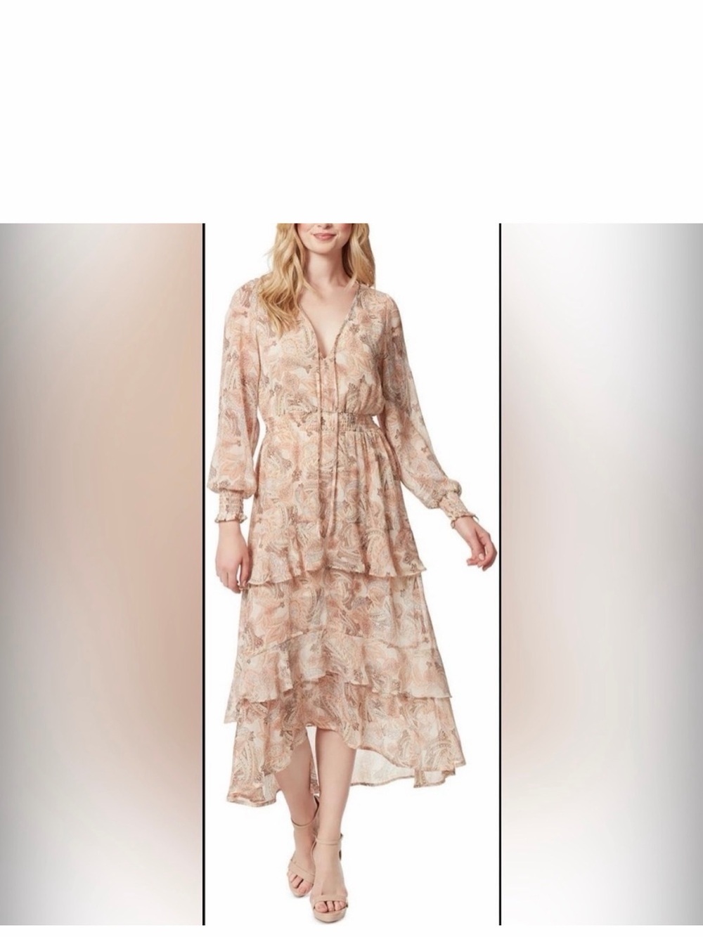 Jessica Simpson: Georgette Beige Paisley Tiered Hi-Low Dress. Med. Wore 1x.